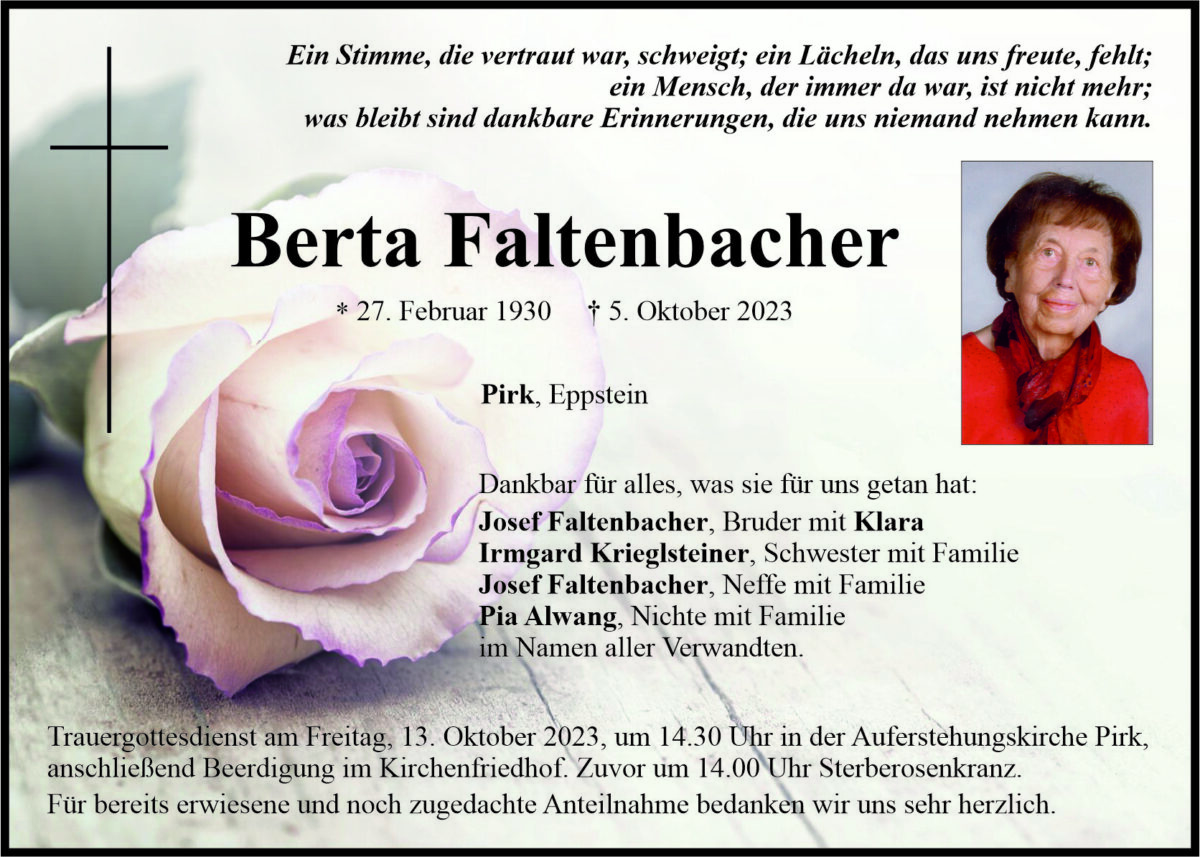 Traueranzeige Berta Faltenbacher, Pirk