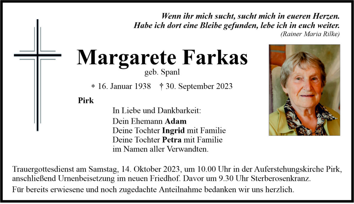 Traueranzeige Margarete Farkas, Pirk
