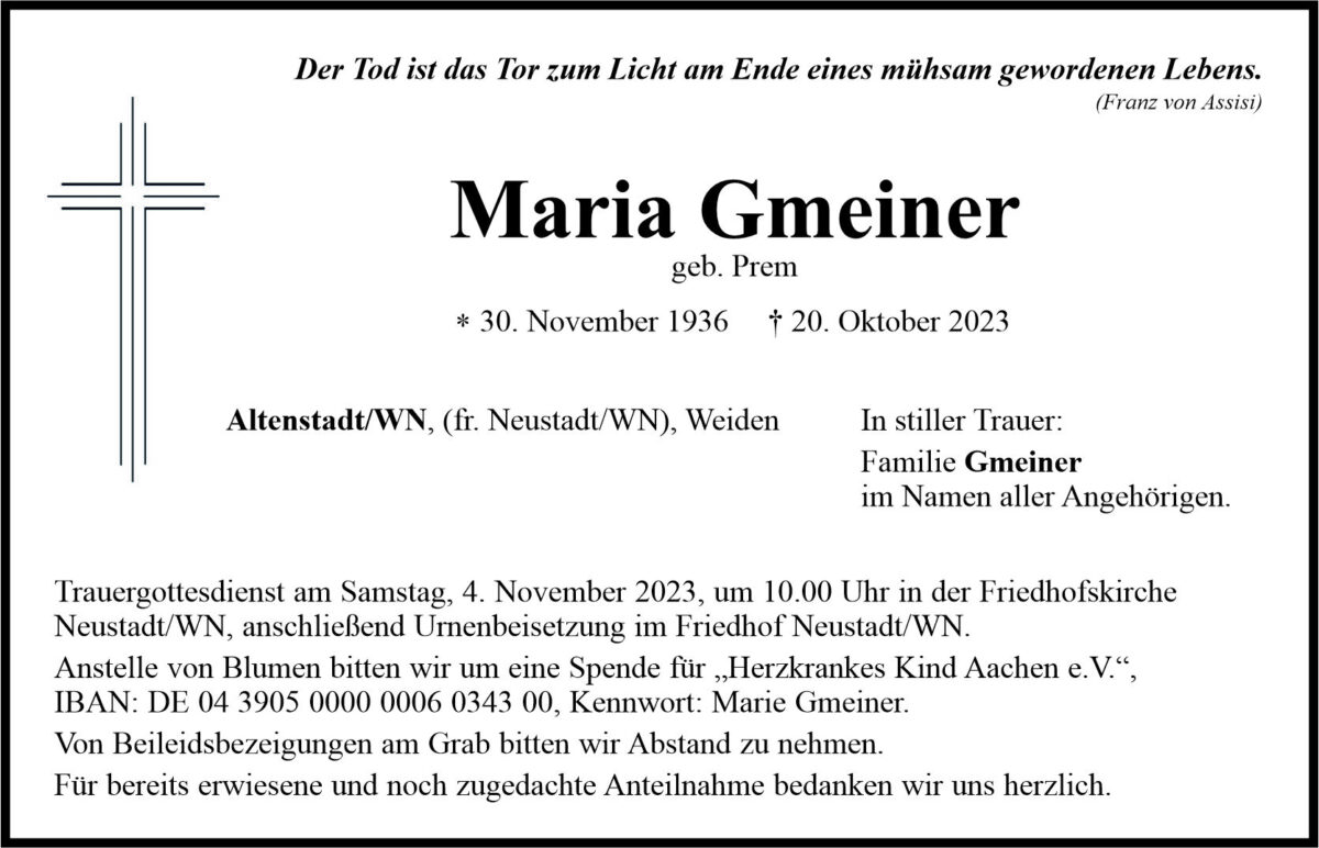 Traueranzeige Maria Gmeiner, Altenstadt/WN