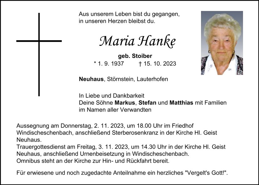Traueranzeige Maria Hanke, Neuhaus