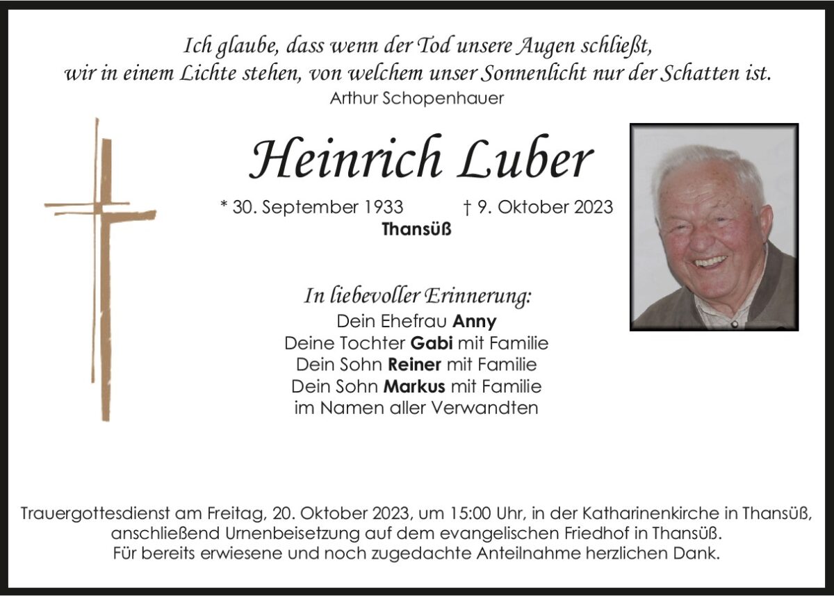 Traueranzeige Heinrich Luber, Thansüß
