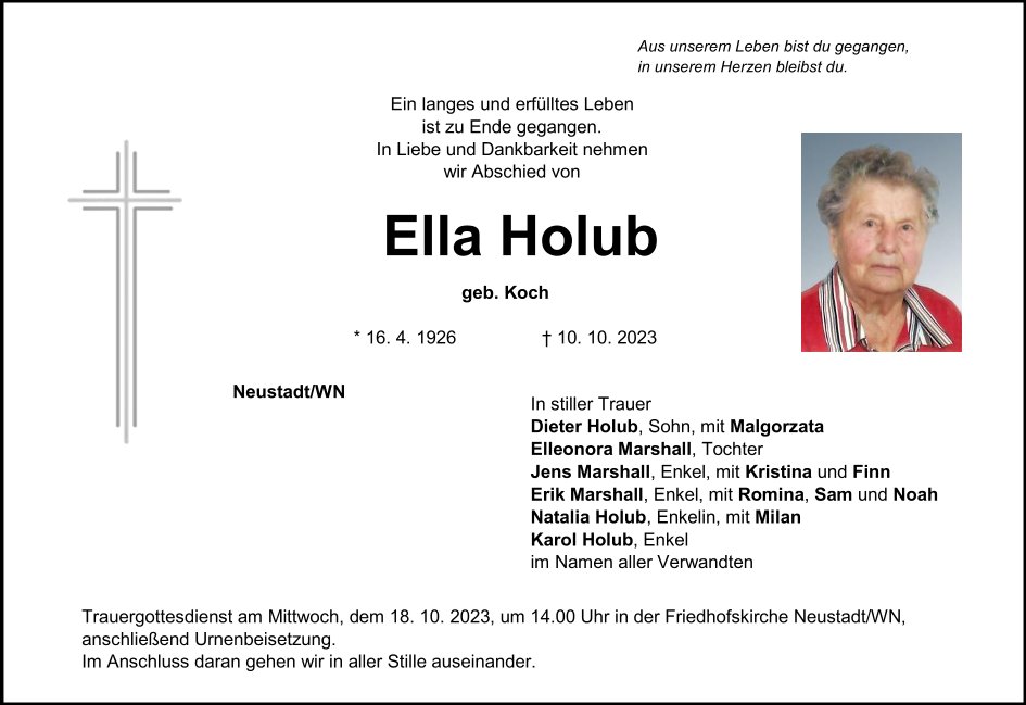 Todesanzeige Ella Holub, Neustadt/WN