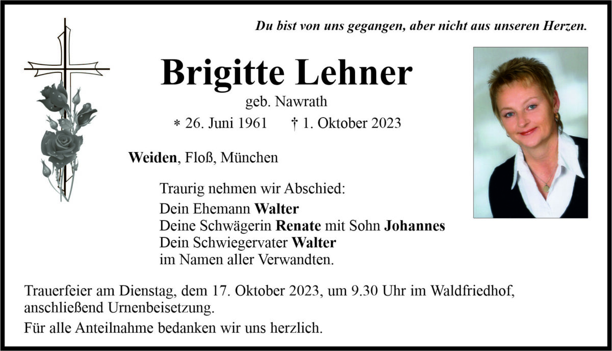 Traueranzeige Brigitte Lehner, Weiden