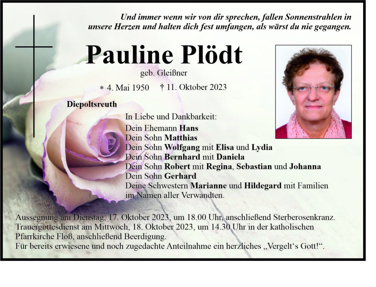 Traueranzeige Pauline Plödt, Diepoltsreuth
