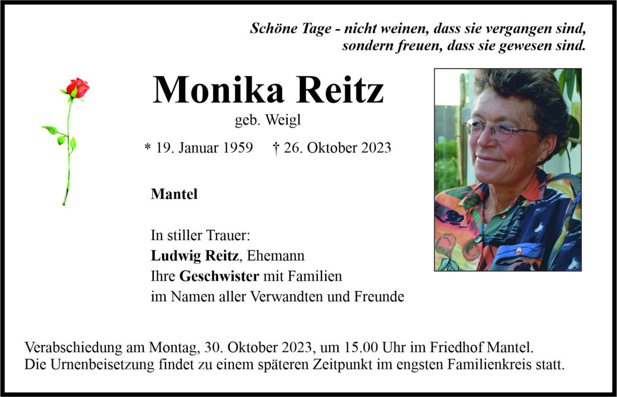 Traueranzeige Monika Reitz, Mantel