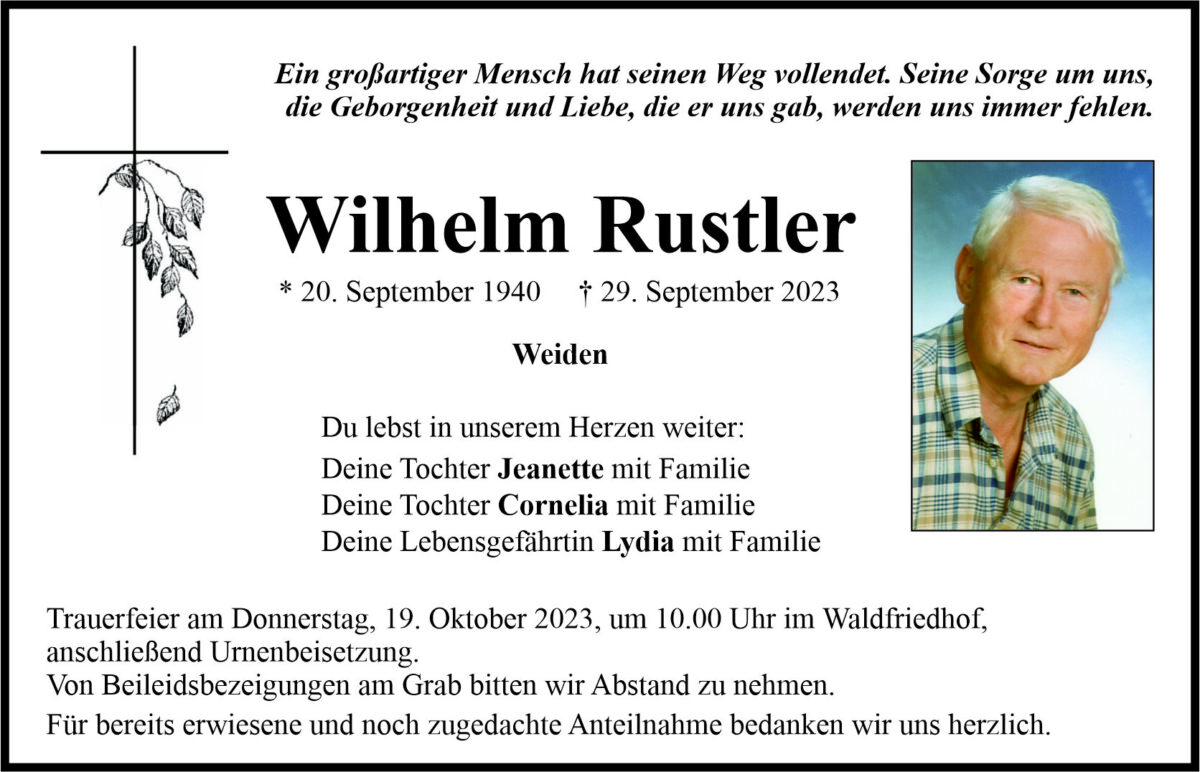 Traueranzeige Wilhelm Rustler, Weiden