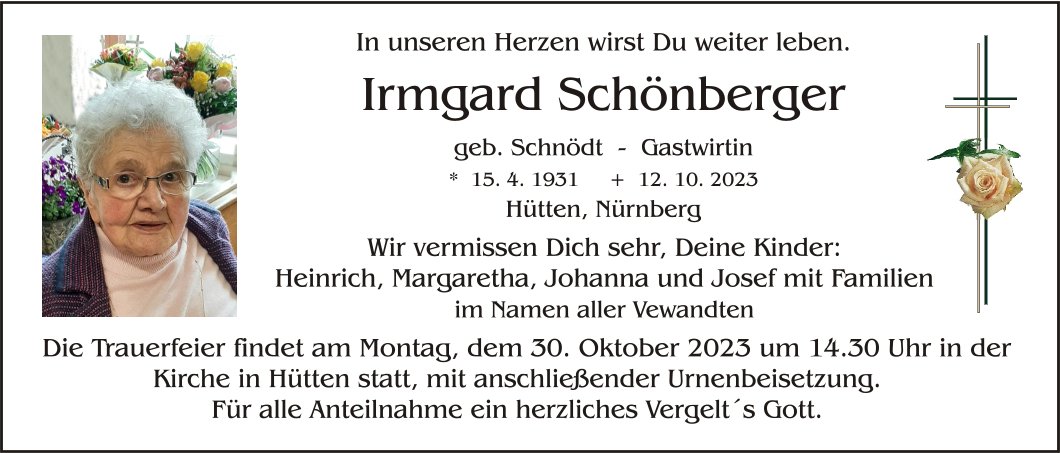 Traueranzeige Irmgard Schönberger, Hütten