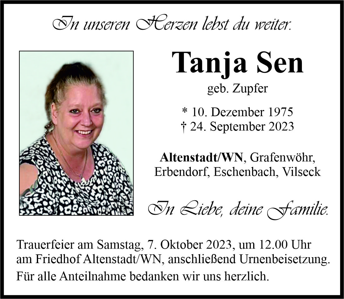 Traueranzeige Tanja Sen, Altenstadt/WN