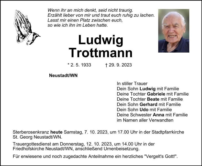 Traueranzeige Ludwig Trottmann, Neustadt/WN