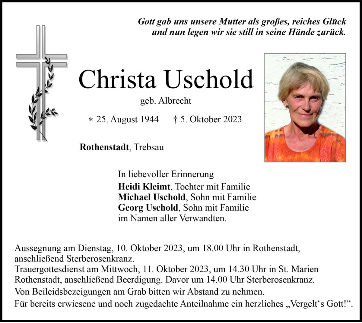 Traueranzeige Christa Uschold, Rothenstadt