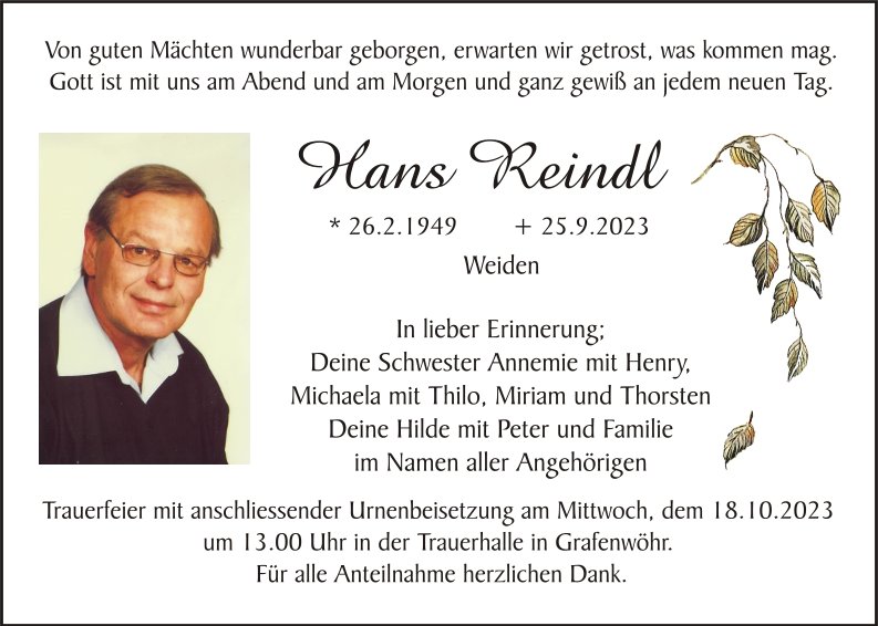 Traueranzeige Hans Reindl, Weiden