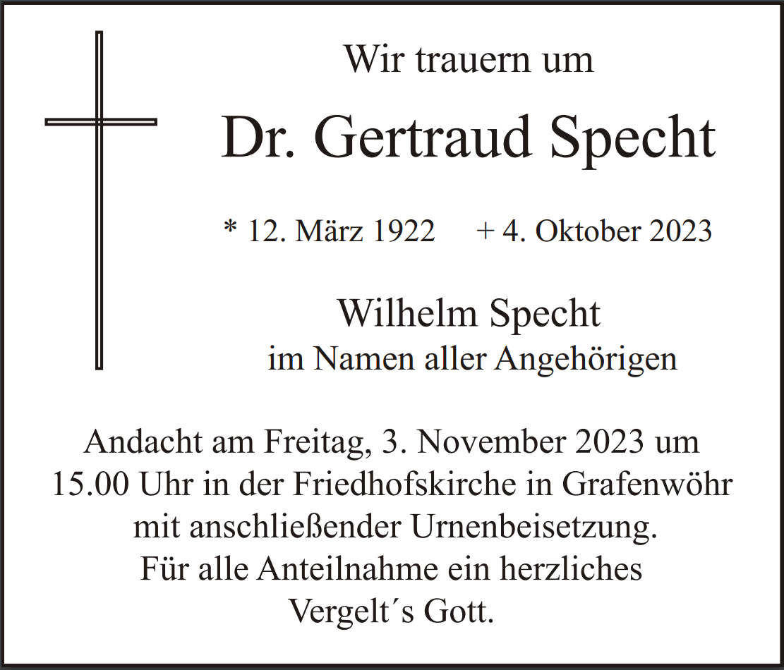 Traueranzeige Dr. Gertraud Specht