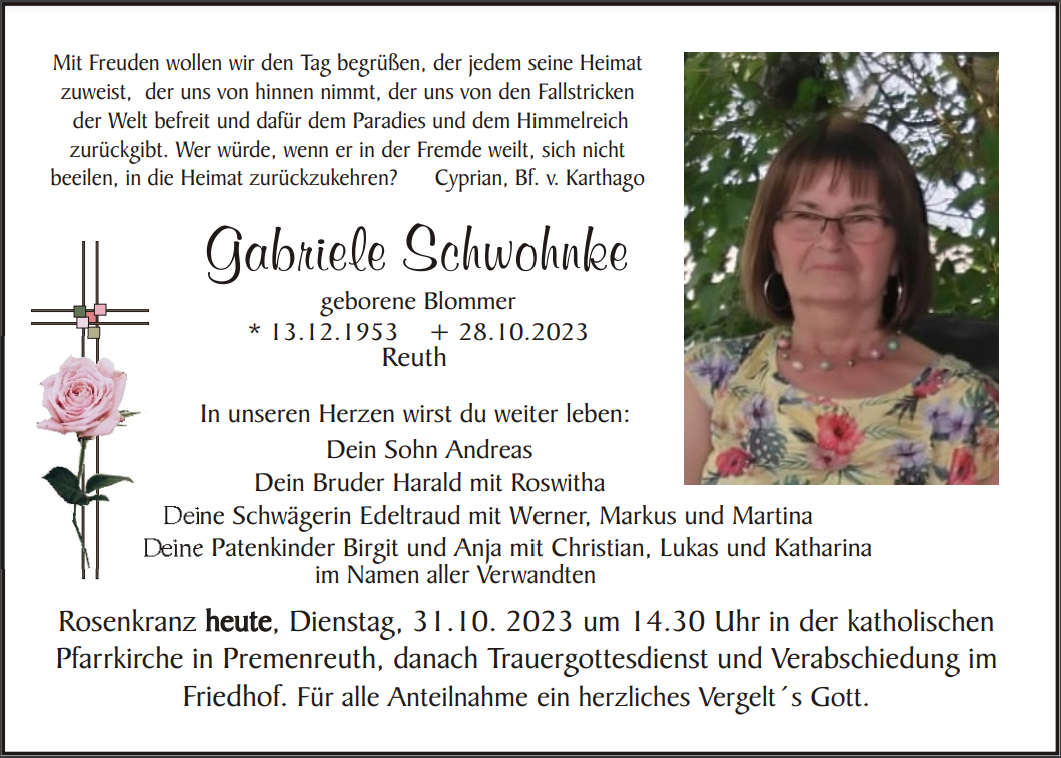 Traueranzeige Gabriele Schwohnke, Reuth