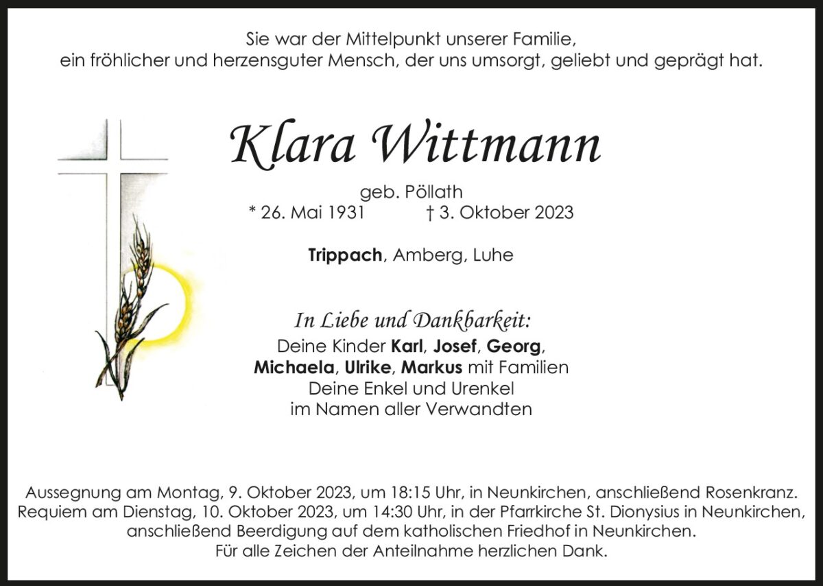 Traueranzeige Klara Wittmann, Trippach