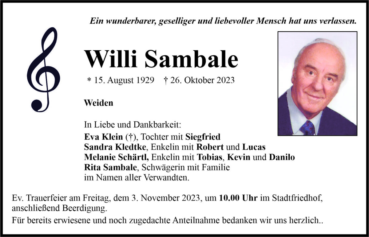 Traueranzeige Willi Sambale, Weiden