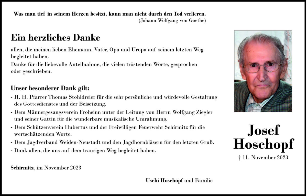Danksagung Josef Hoschopf, Schirmitz