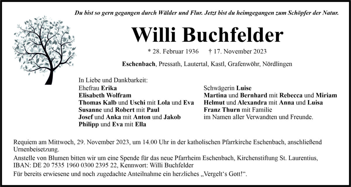 Traueranzeige Willi Buchfelder, Eschenbach