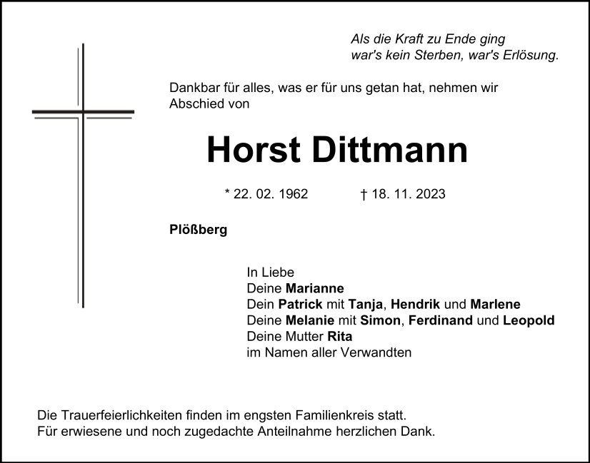 Traueranzeige Horst Dittmann, Plößberg
