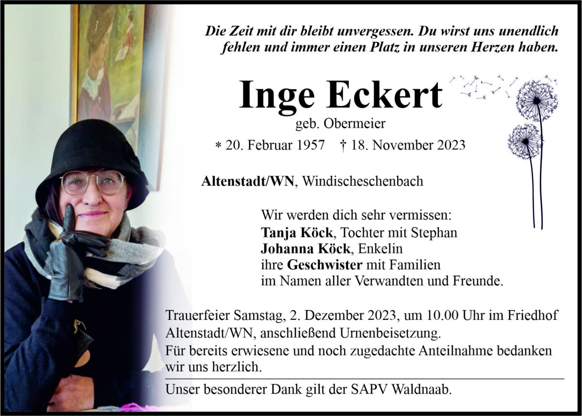 Traueranzeige Inge Eckert, Altenstadt/WN