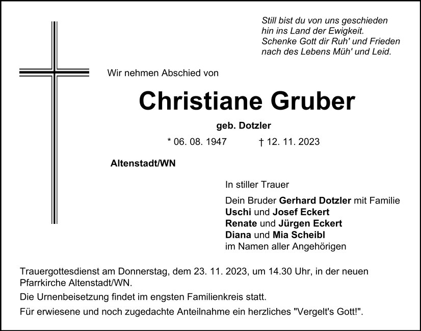 Traueranzeige Christiane Gruber, Altenstadt/WN