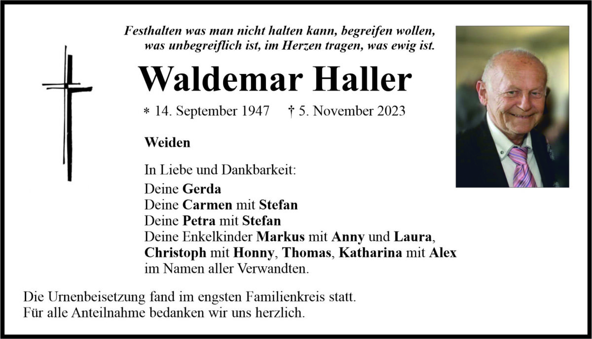 Traueranzeige Waldemar Haller, Weiden