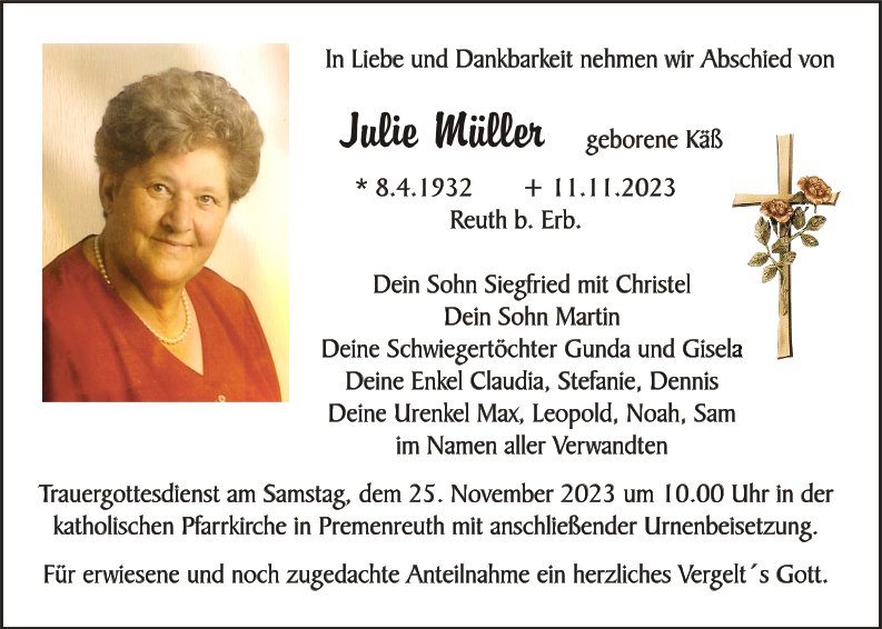 Traueranzeige Julie Müller, Reuth bei Erbendorf