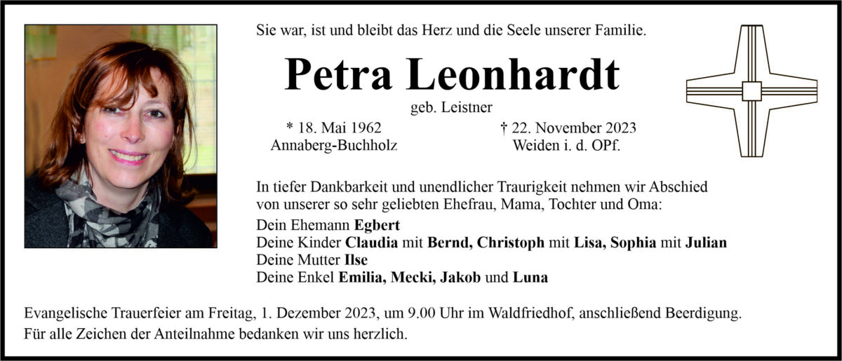 Traueranzeige Petra Leonhardt, Weiden