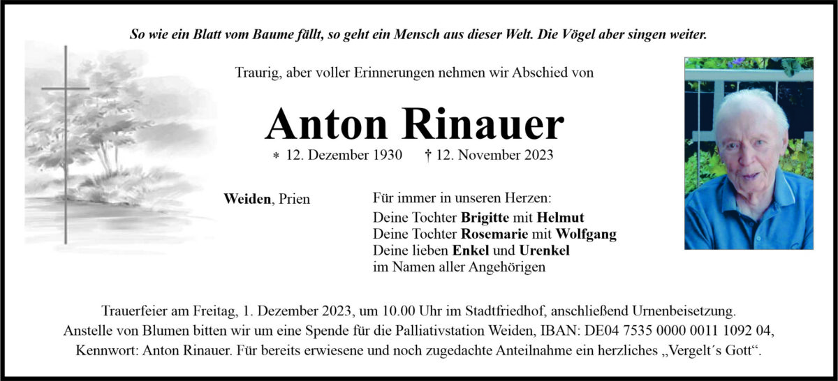 Traueranzeige Anton Rinauer, Weiden