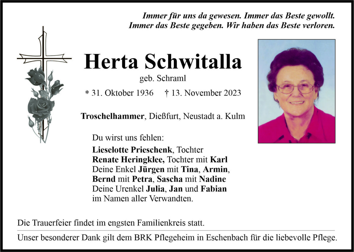 Traueranzeige Herta Schwitalla, Troschelhammer