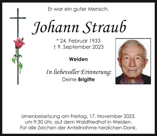 Traueranzeige Johann Straub, Weiden