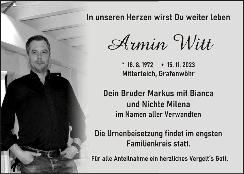 Traueranzeige Armin Witt, Mitterteich