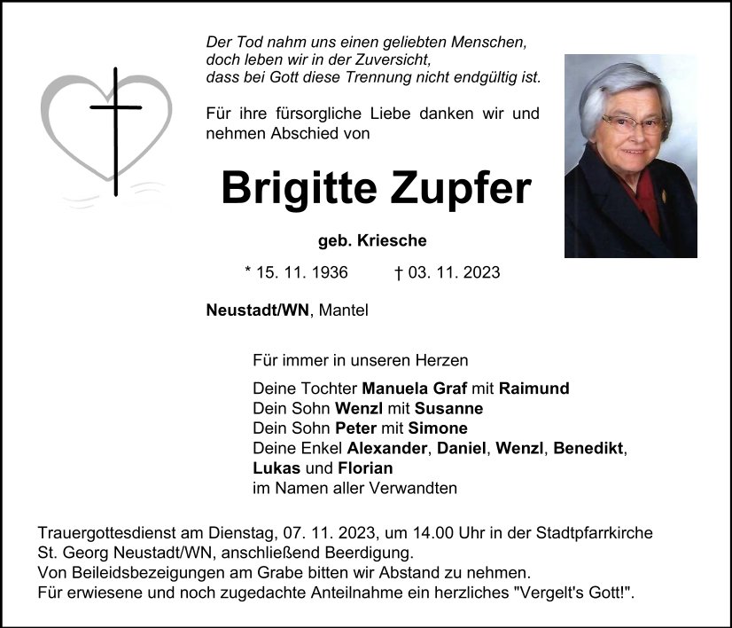 Traueranzeige Brigitte Zupfer, Neustadt/WN