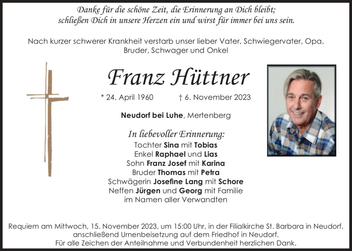 Traueranzeige Franz Hüttner, Neudorf bei Luhe