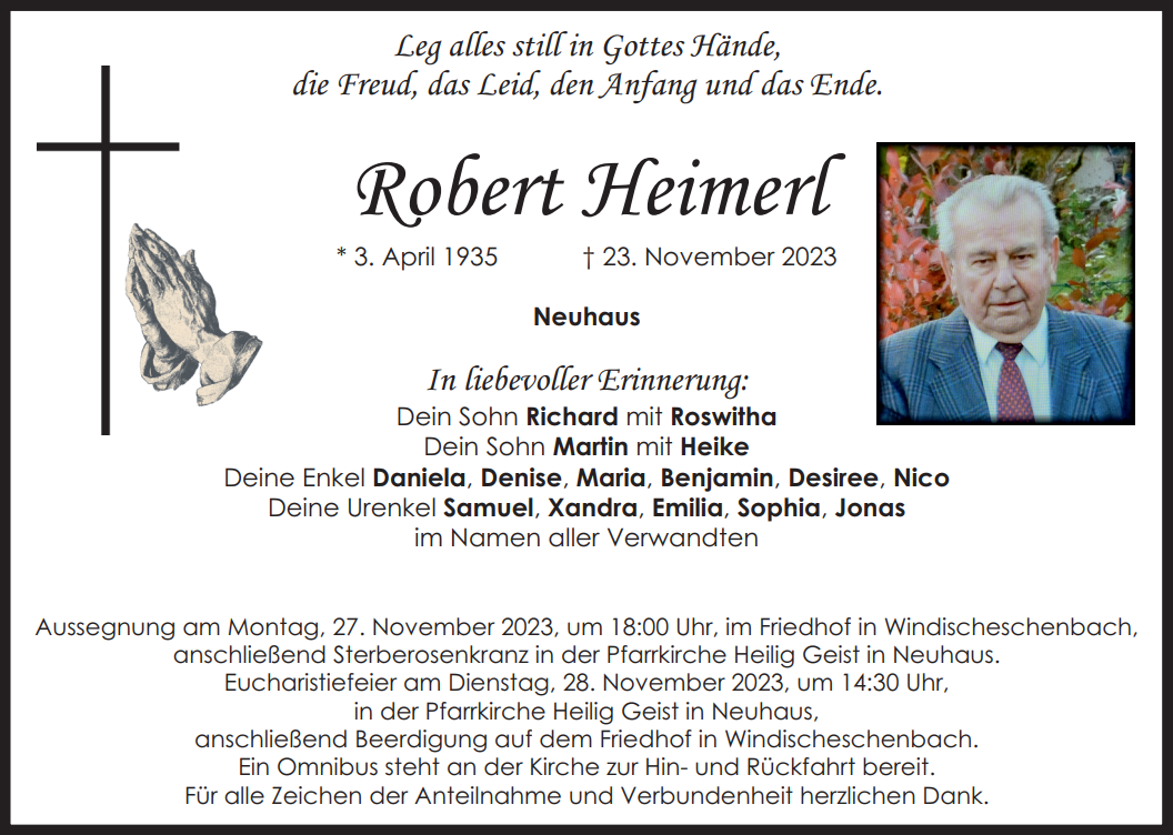 Traueranzeige Robert Heimerl, Neuhaus