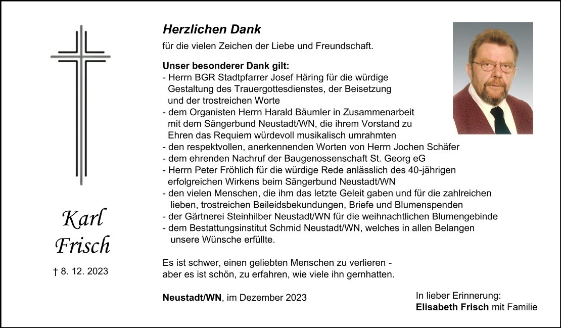 Danksagung Karl Frisch, Neustadt/WN