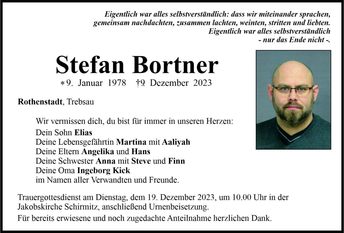 Traueranzeige Stefan Bortner, Rothenstadt