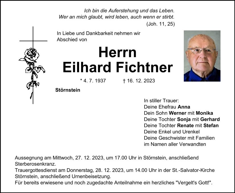 Traueranzeige Eilhard Fichtner, Störnstein