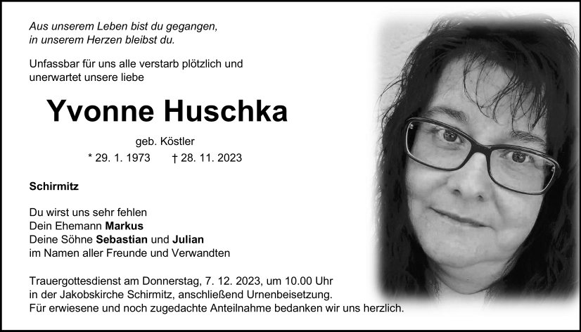 Traueranzeige Yvonne Huschka, Schirmitz