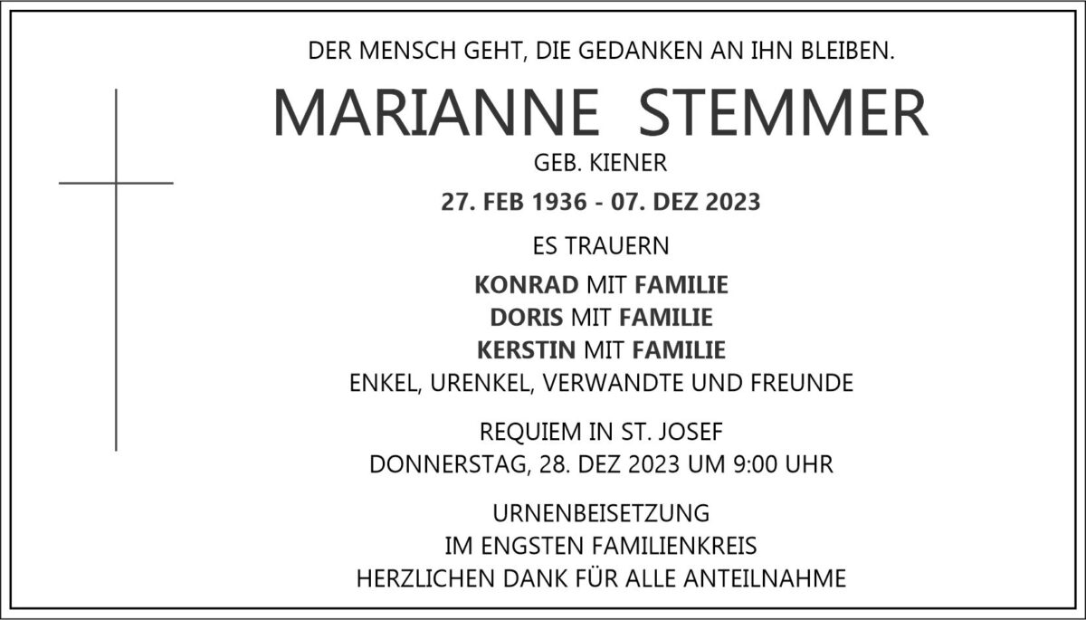 Traueranzeige Marianne Stemmer, Weiden