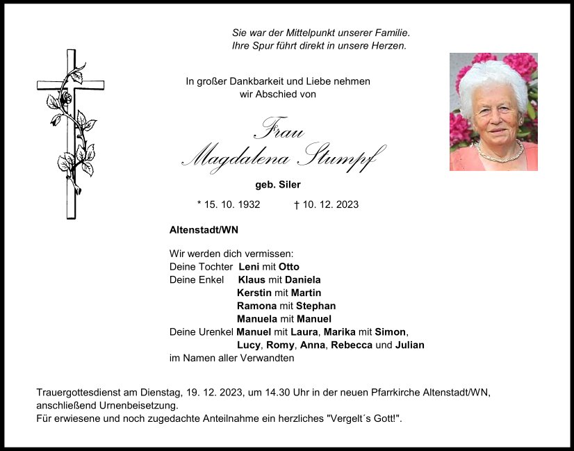 Traueranzeige Magdalena Stumpf, Altenstadt/WN