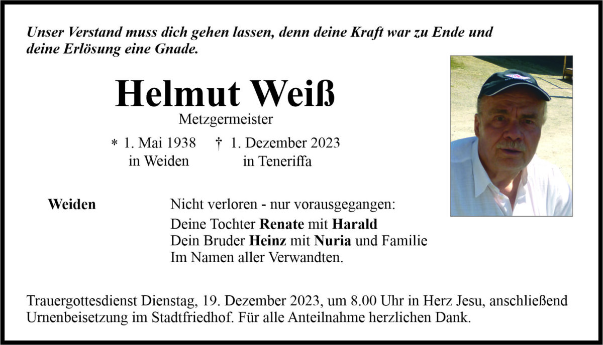 Todesanzeige Helmut Weiß, Weiden
