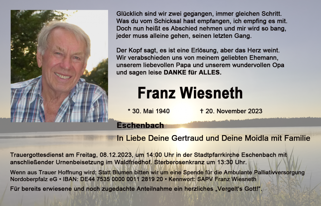 Traueranzeige Franz Wiesneth, Eschenbach