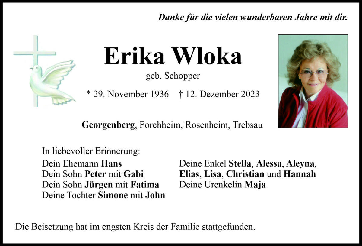 Traueranzeige Erika Wloka, Georgenberg
