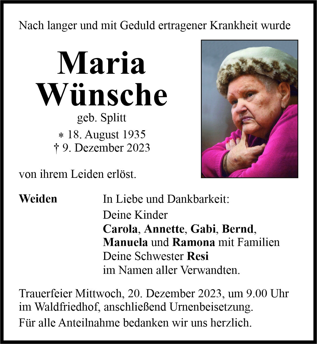 Traueranzeige Maria Wünsche, Weiden