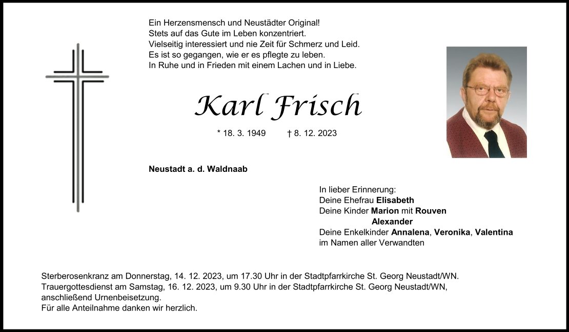 Todesanzeige Karl Frisch, Neustadt/WN