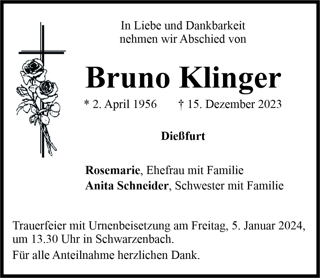 Traueranzeige Bruno Klinger, Dießfurt