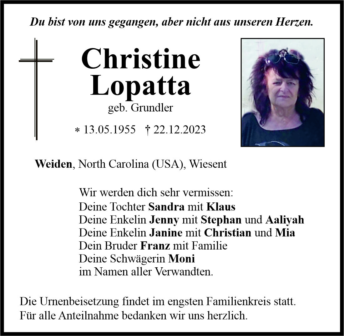 Traueranzeige Christine Lopatta, Weiden
