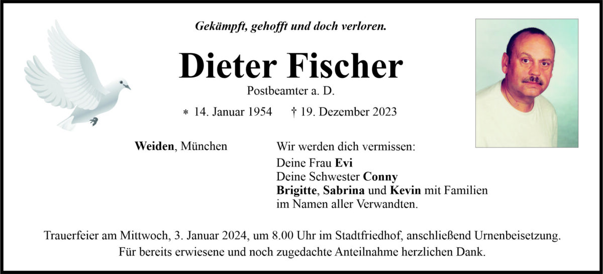Traueranzeige Dieter Fischer, Weiden