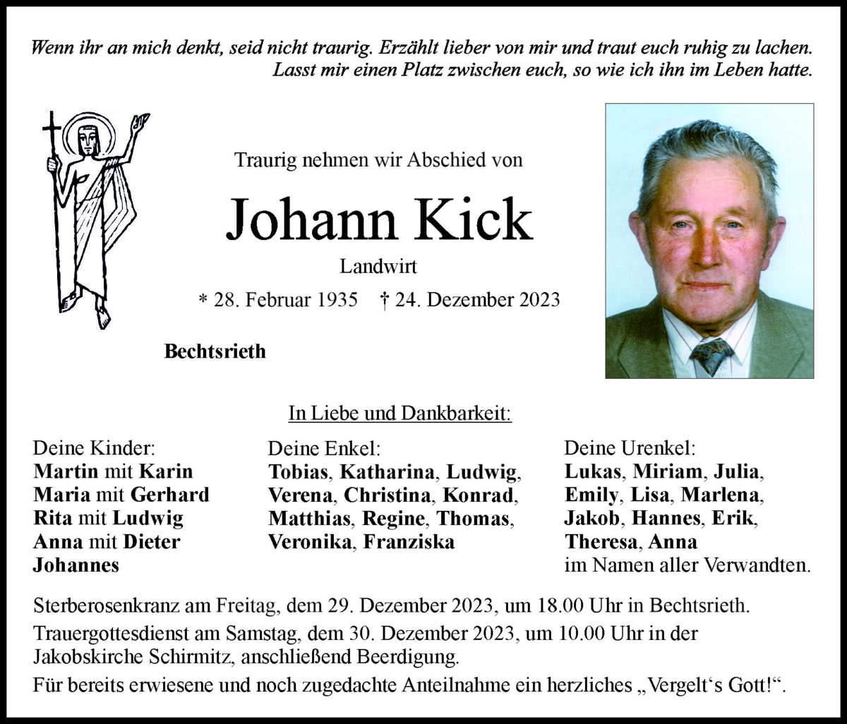 Traueranzeige Johann Kick, Bechtsrieth
