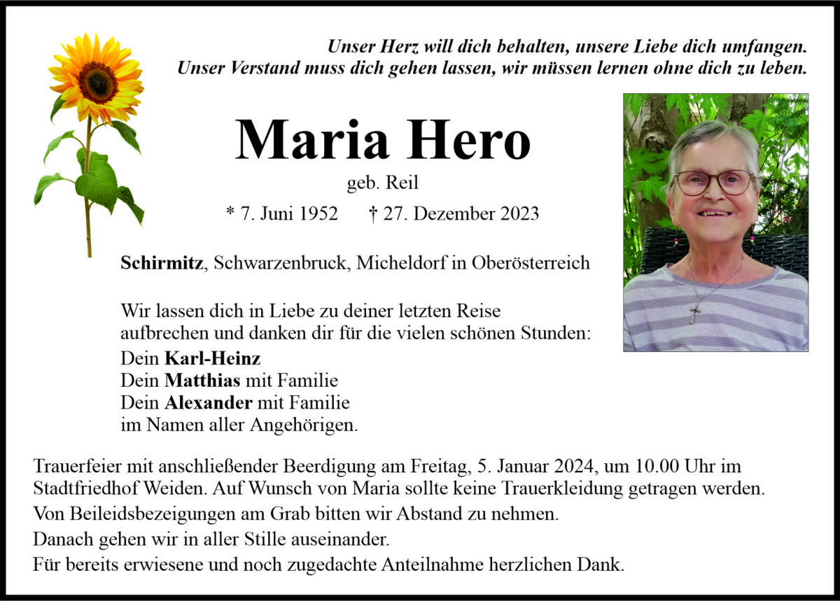 Traueranzeige Maria Hero, Schirmitz
